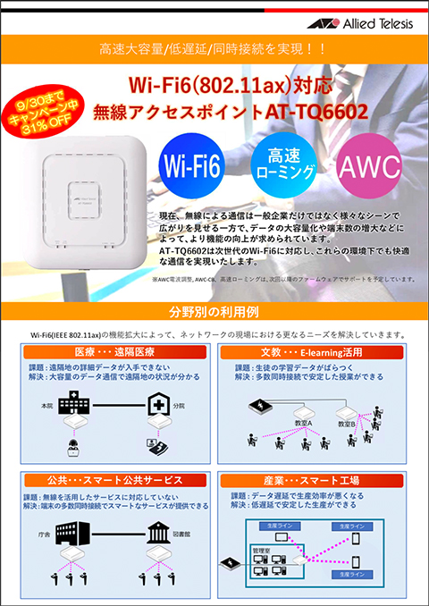 Wi-Fi6(802.11ax)対応 無線アクセスポイントAT-TQ6602