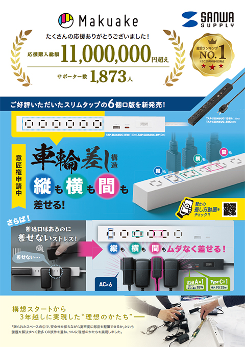 Makuakeスリムタップ幅30.5mmのスリム設計で隙間に収まる6口タップ。マルチアクセス構造で複数ACアダプタを効率接続、USB急速充電も可能。