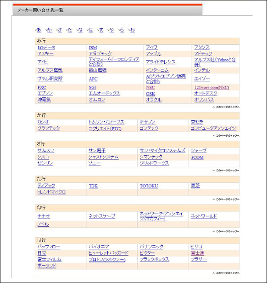 メーカー問い合せ先一覧